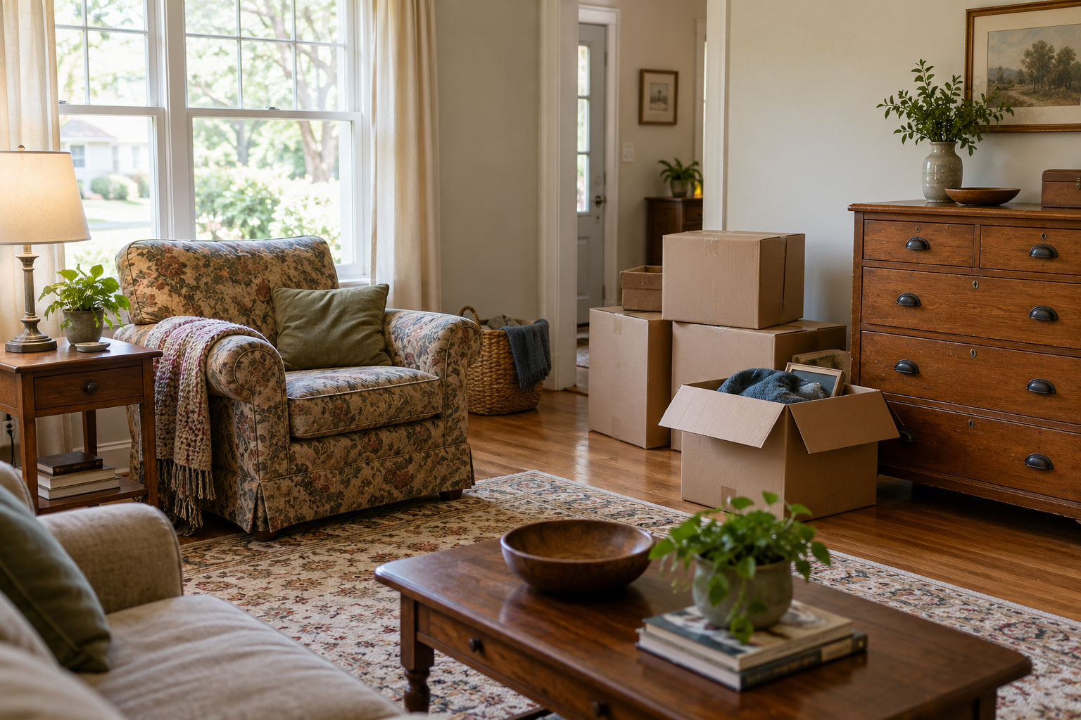Illustrative furniture and packed boxes in a home awaiting a cleanout