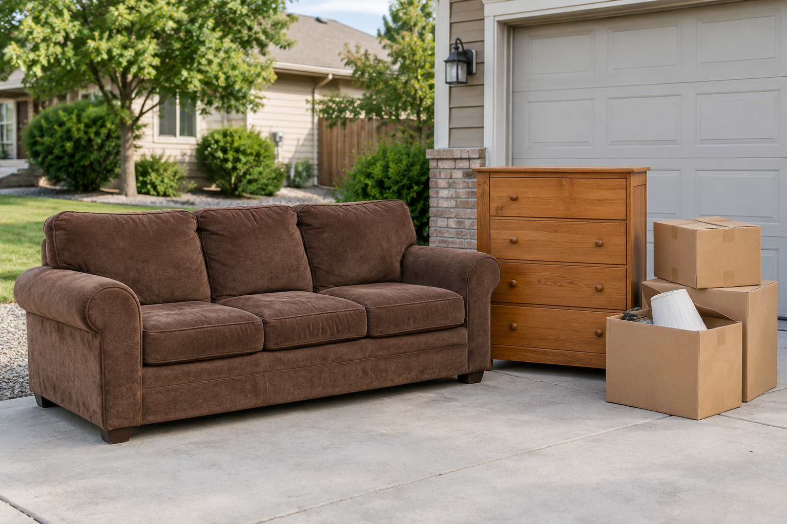 Illustrative sofa, dresser and boxes awaiting pickup on a driveway